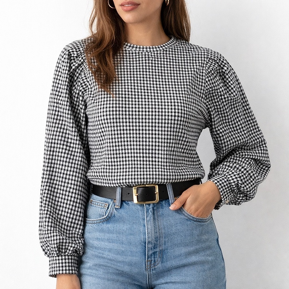 ZARA Houndstooth Puff Sleeve Top – Size M (US 8)